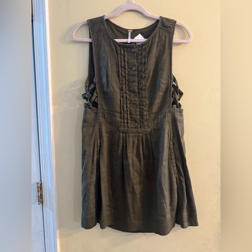 Free People Sleeveless Olive Green/Brown Linen Blend Dress, XS